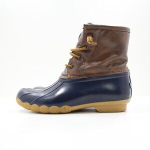 Sperry Saltwater Blue Rubber Brown Leather Waterproof Duck Rain Boots Women's 7